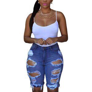 Women's Ripped Denim Bermuda Shorts Mid Rise Stretchy Casual Fashion